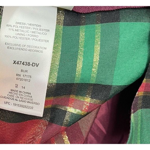 Bonnie Jean Girls Gold/Green/Red Metallic Plaid Dress Size 14 - Picture 8 of 13